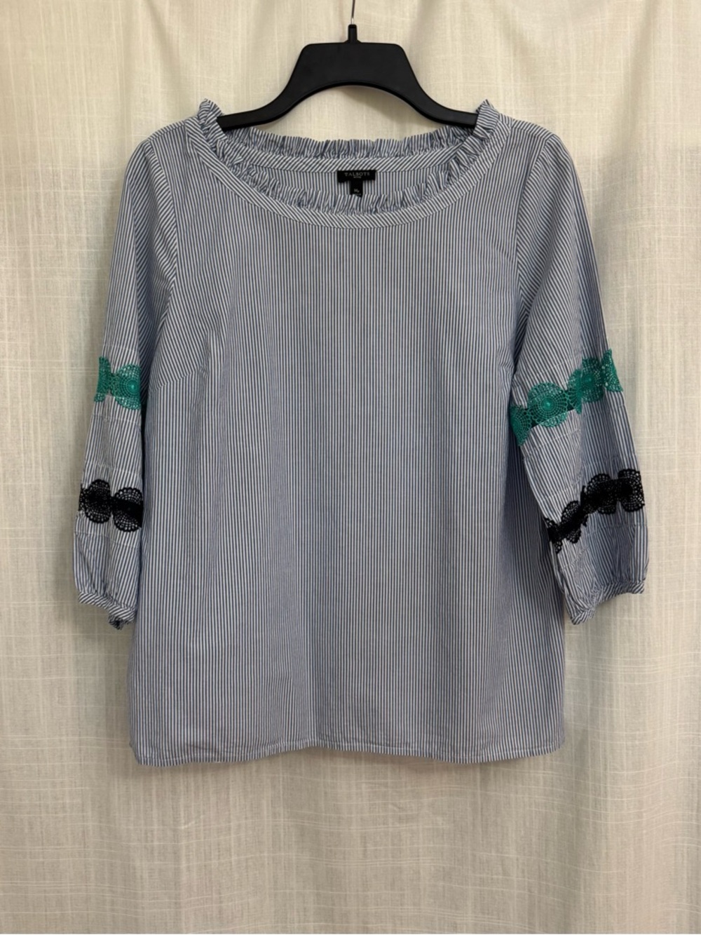Talbots Petite Medium Blue & White Striped Boatneck Embroidered Poplin Blouse